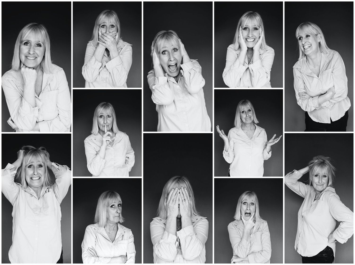 Black and white collage of blonde woman expressing various facial emotions and gestures.