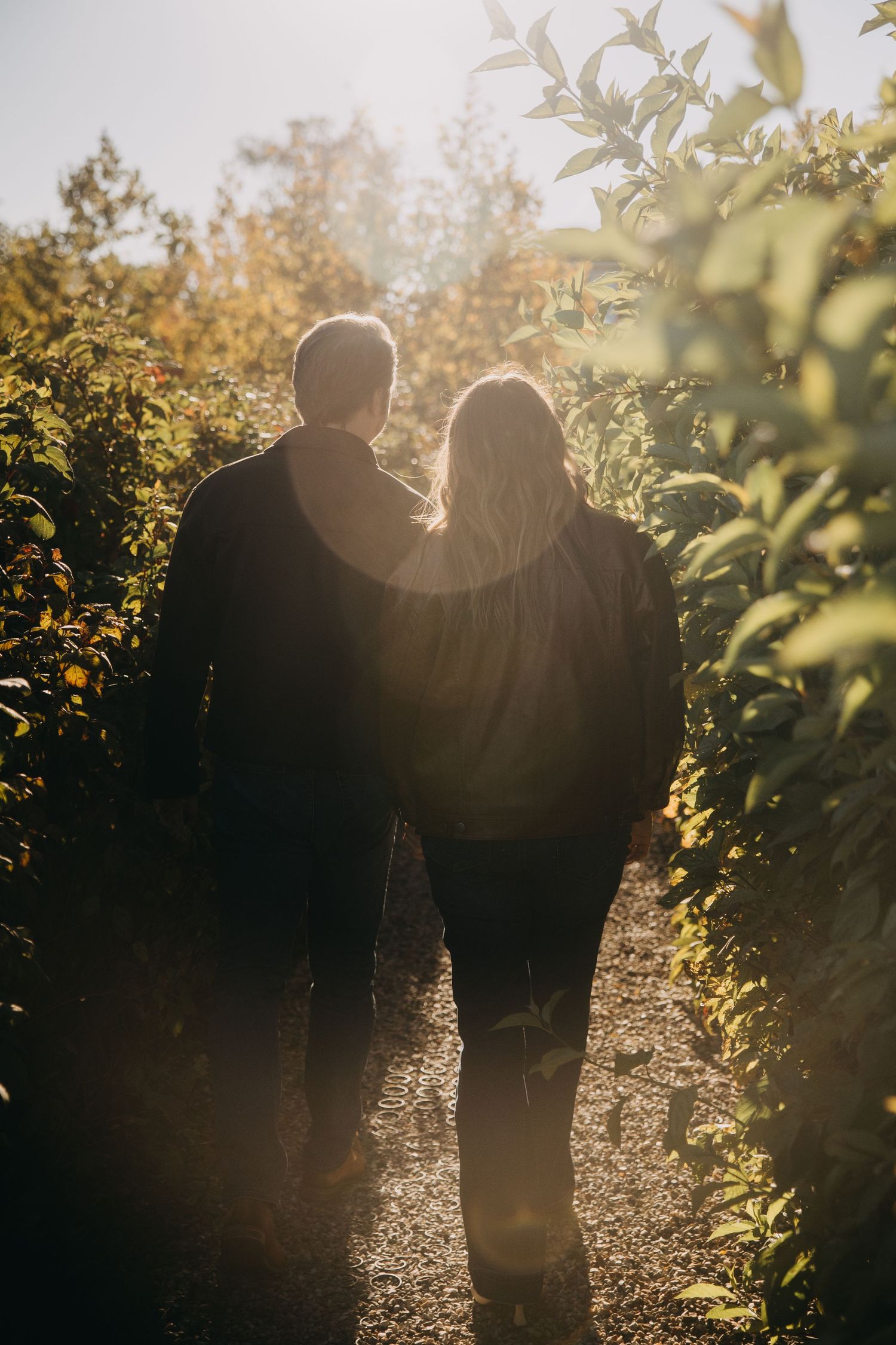 Couple walking hand in hand down a sunlit garden path surrounded by lush green foliage, backlit by warm golden sunlight.