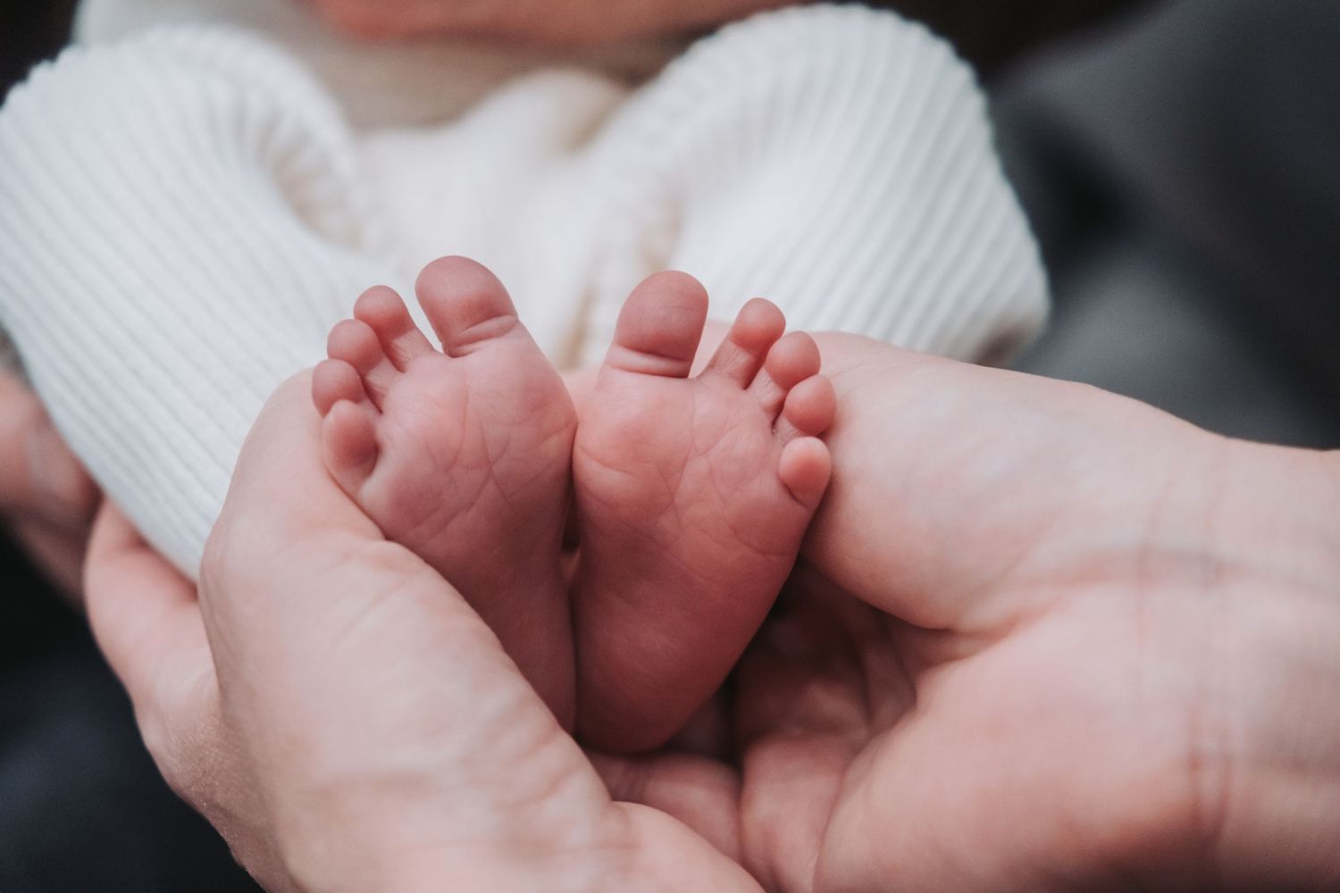 Close-up series of newborn baby feet being gently held by caring hands.