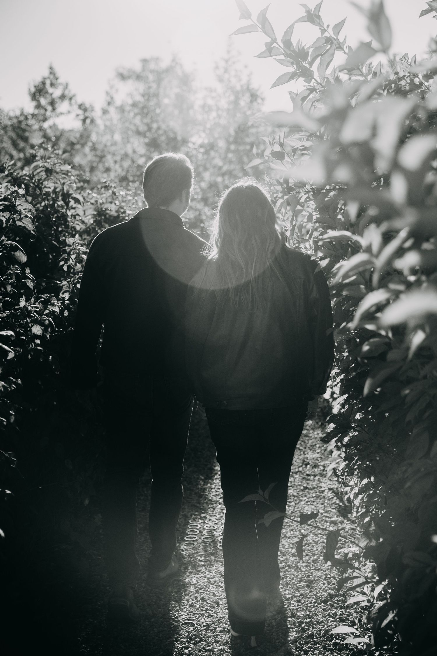 Black and white photo of a couple walking hand in hand through a sunlit garden path surrounded by lush greenery.