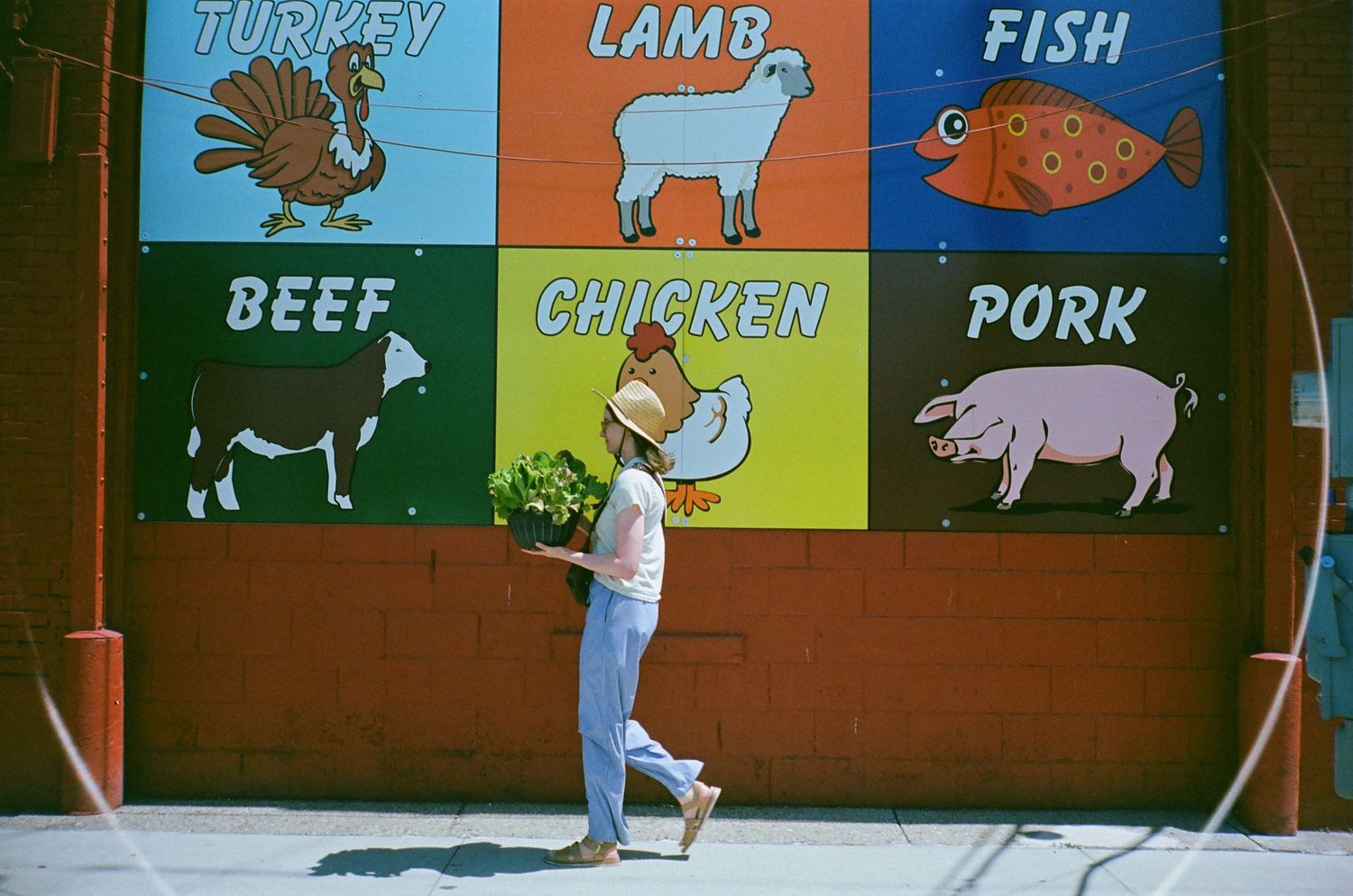 Person walking past a colorful mural displaying six meat types: turkey, lamb, fish, beef, chicken, and pork.