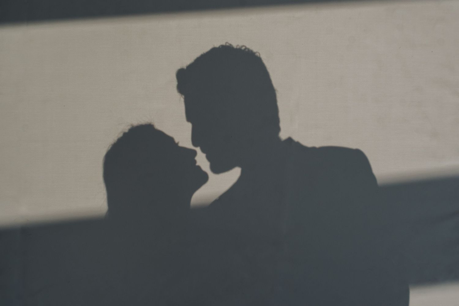 Silhouette of romantic couple in intimate moment against light background.