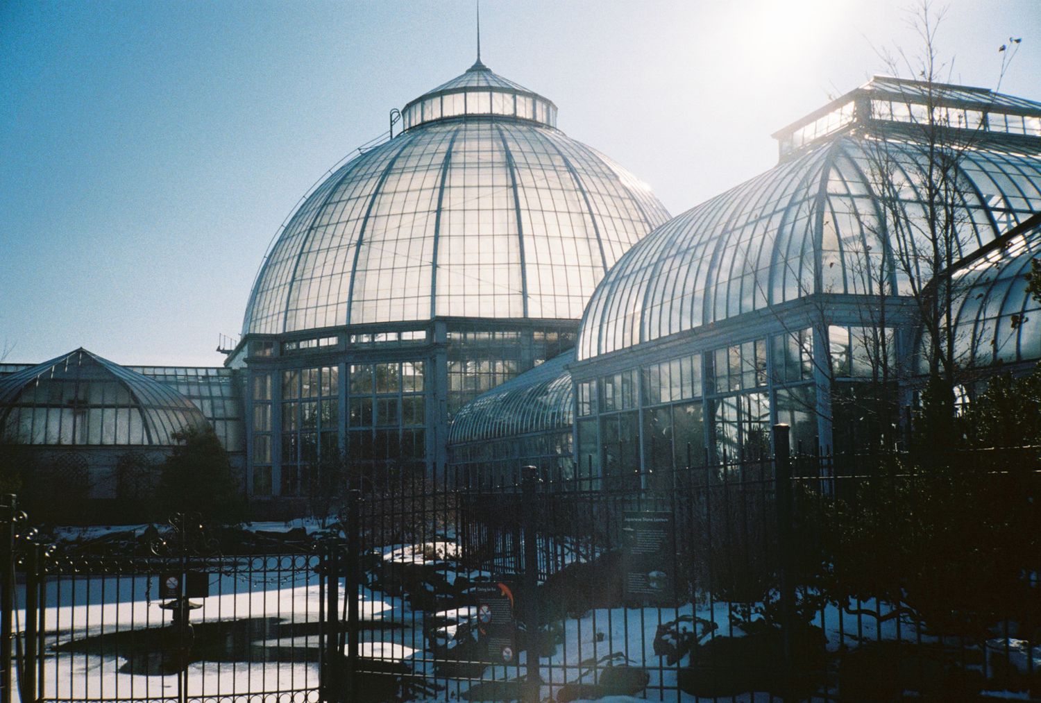 Panoramic view of glass dome conservatory buildings against bright sky.