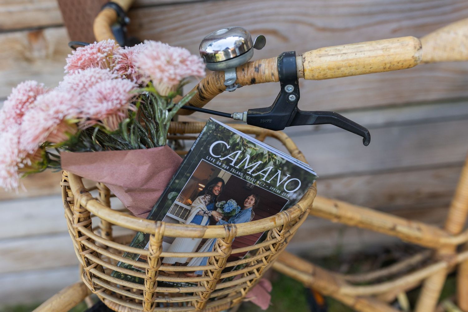 Pink flowers and Camino book in vintage bicycle basket.