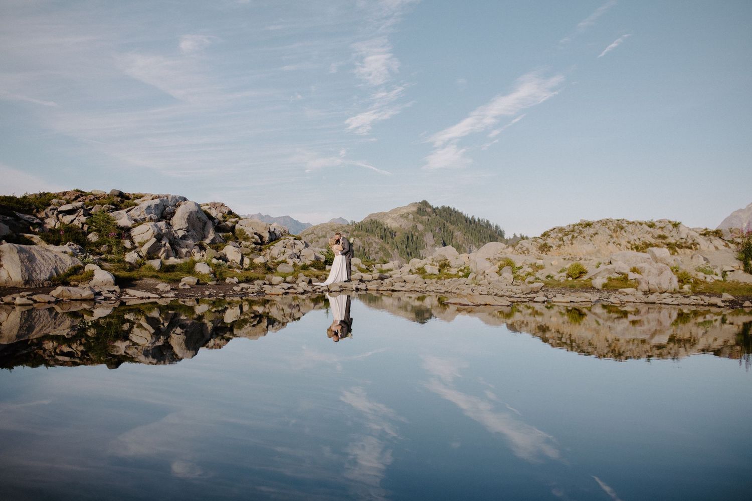 Panoramic view of mountain lake with reflections during wedding photography session.