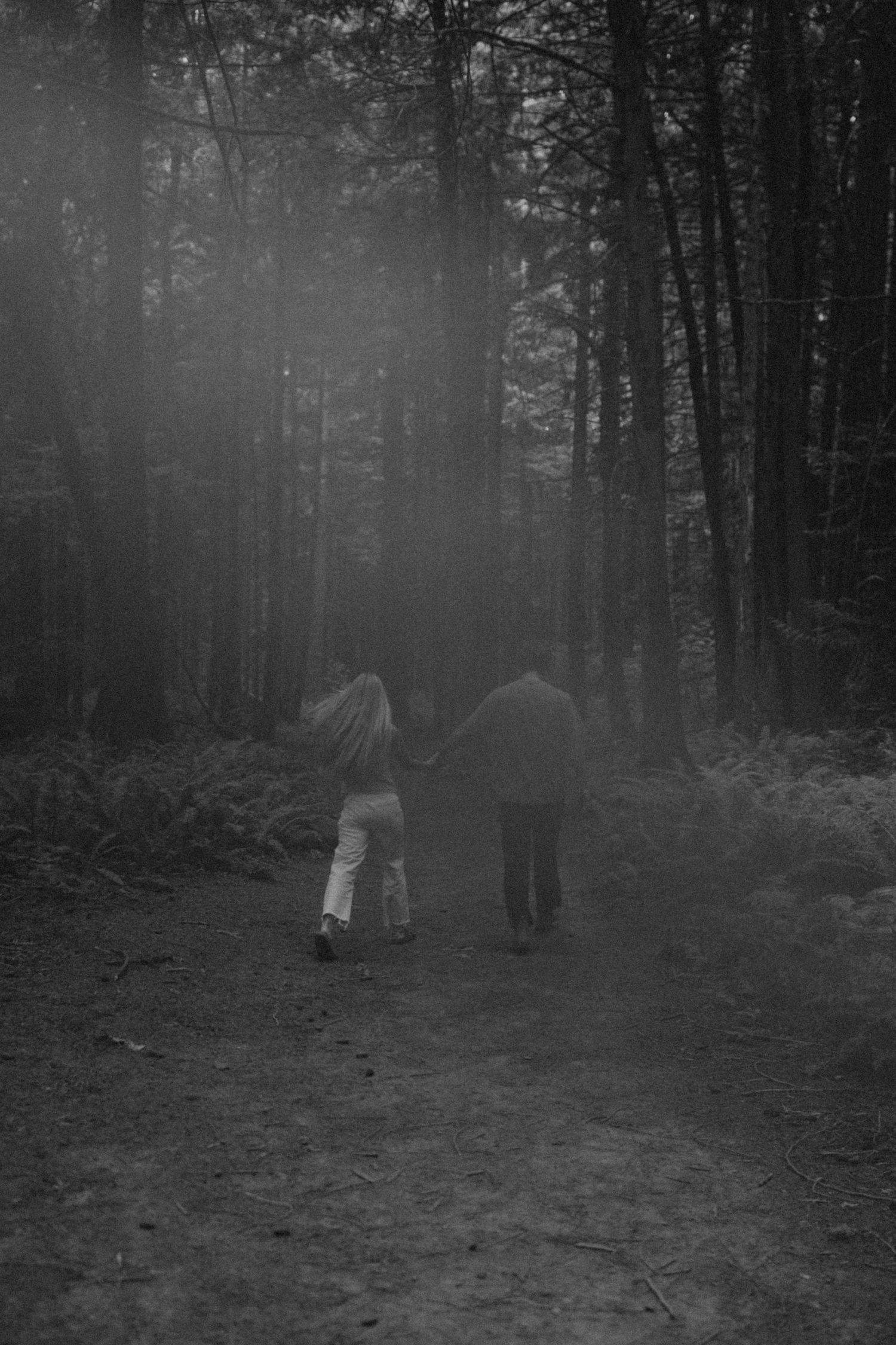 Silhouettes walking through a misty forest path in black and white.