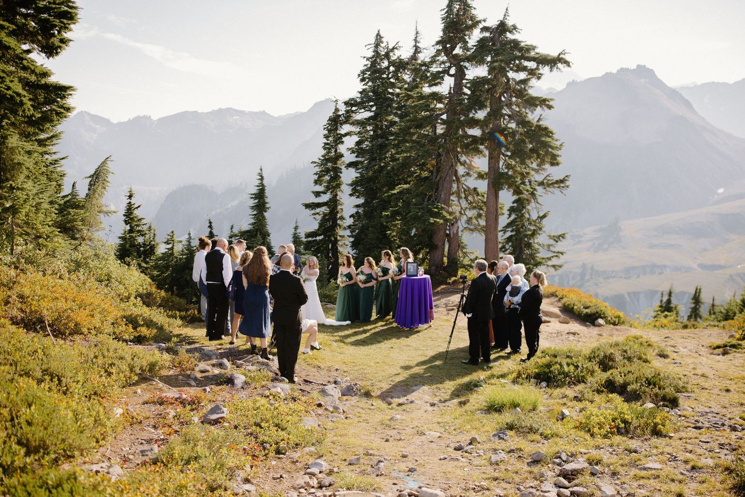 Scenic mountain landscape with evergreen trees serves as backdrop for outdoor wedding ceremony.