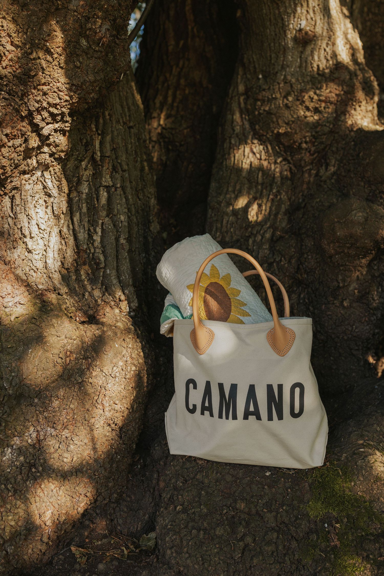 White canvas bag with CAMANO text leaning against a tree trunk in dappled sunlight.