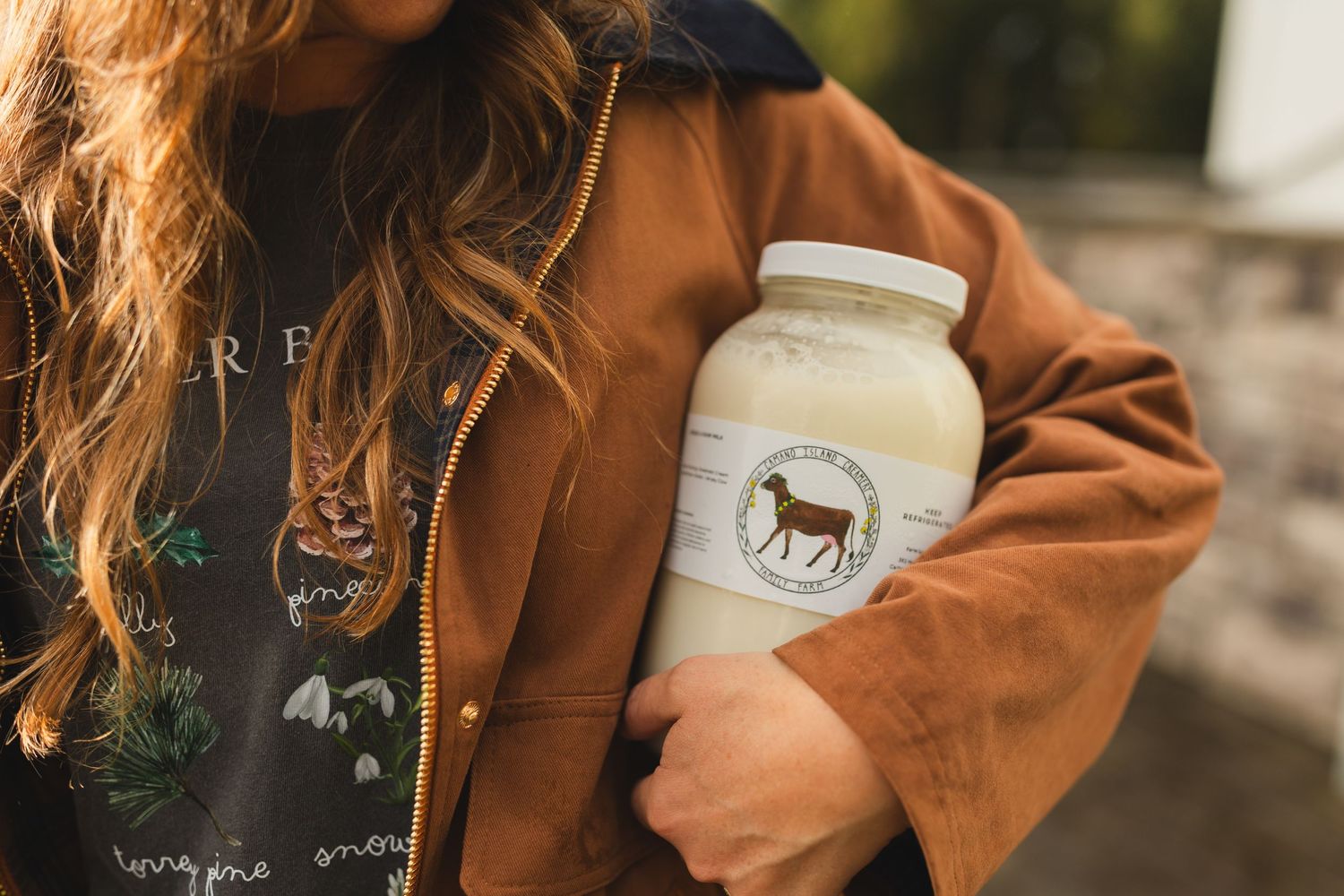 Lifestyle shots featuring a brown jacket and coffee cup against an autumn outdoor backdrop.