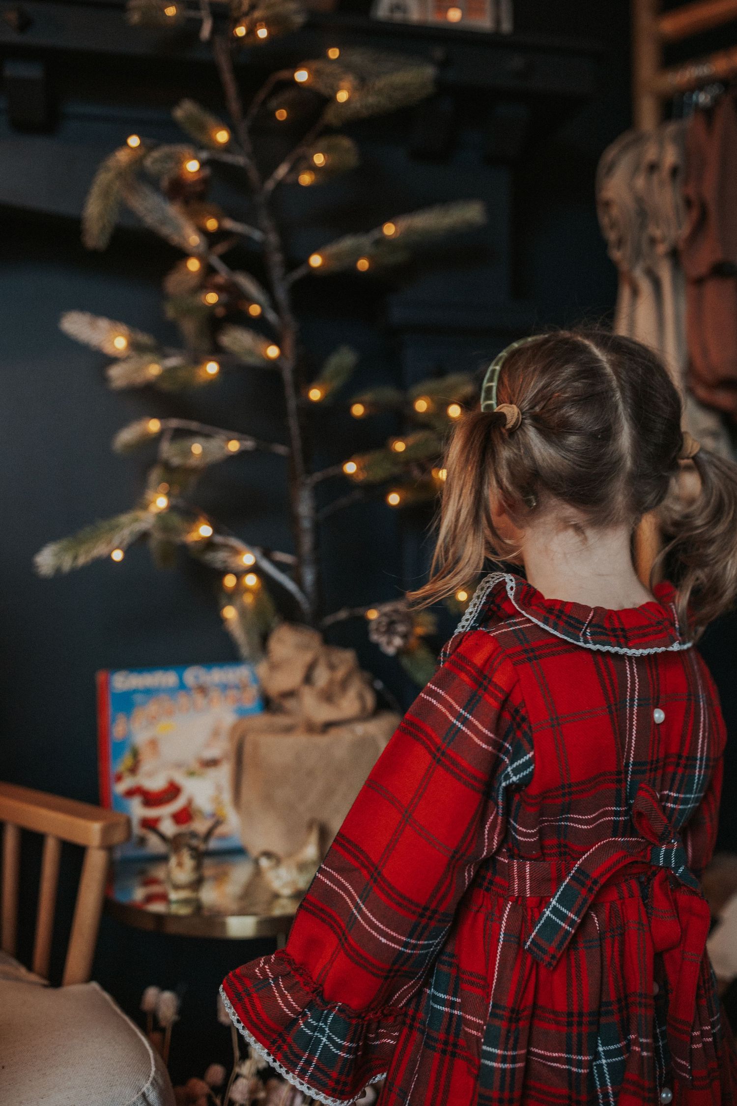 Festive holiday scene with red plaid dress and twinkling Christmas lights in background.