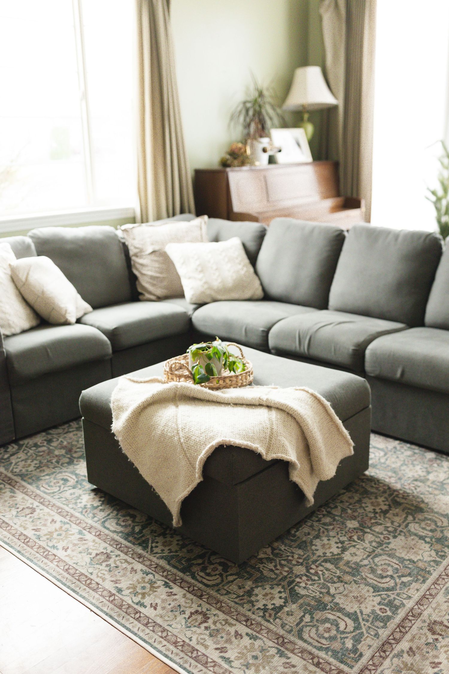 Modern living room with gray sectional sofa and traditional patterned area rug.