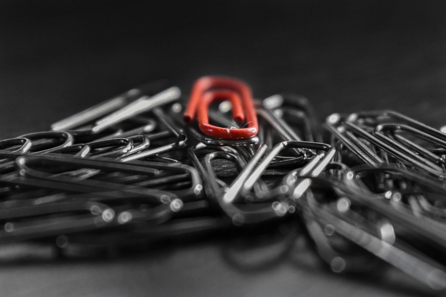 A close-up collection of metal carabiners and climbing gear arranged in monochrome.