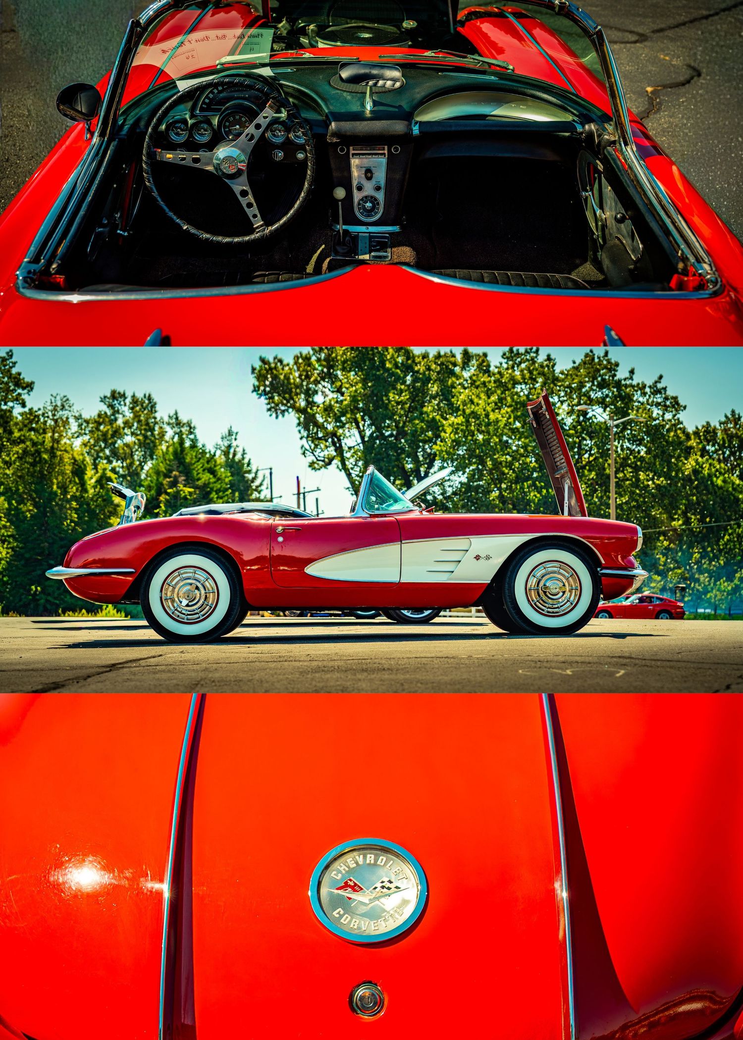 A classic red 1960s Chevrolet Corvette convertible showcasing its sleek profile and chrome details against a natural backdrop.