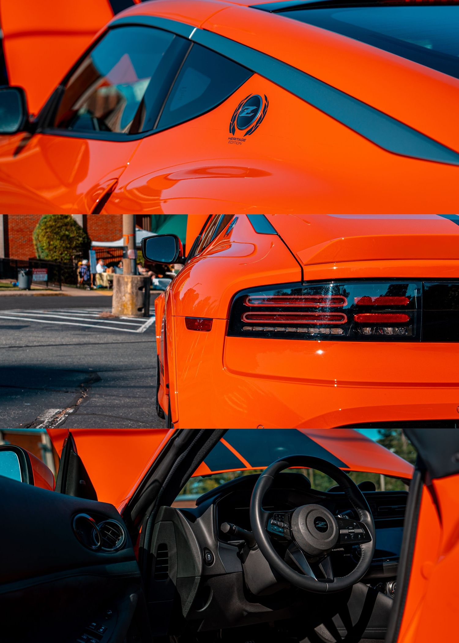 A bright orange 2025 Nissan Z showcases its sleek profile and sporty interior details across multiple angles.