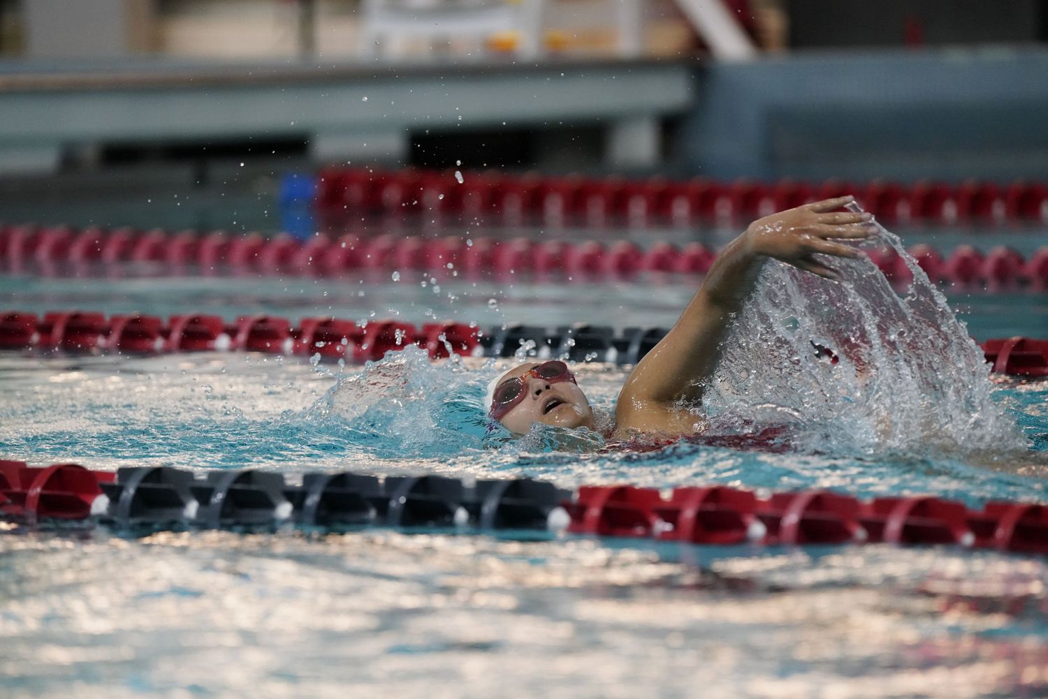 Competitive swimmers racing in lanes at an indoor swimming pool with red lane markers.