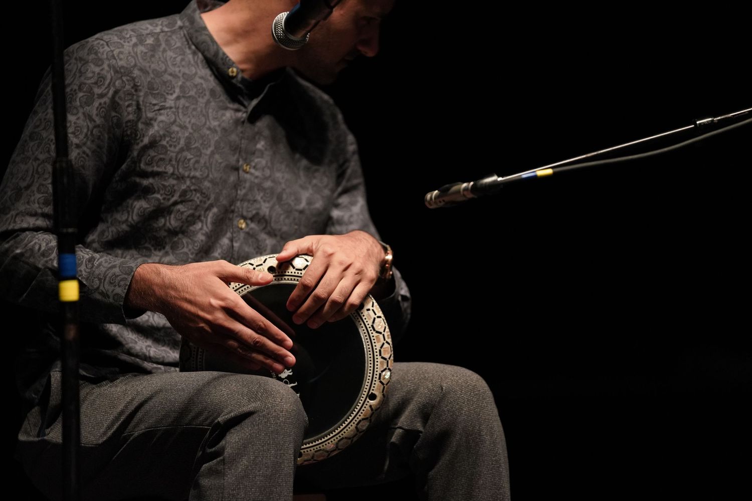 Musicians performing on various instruments in a dark concert setting.