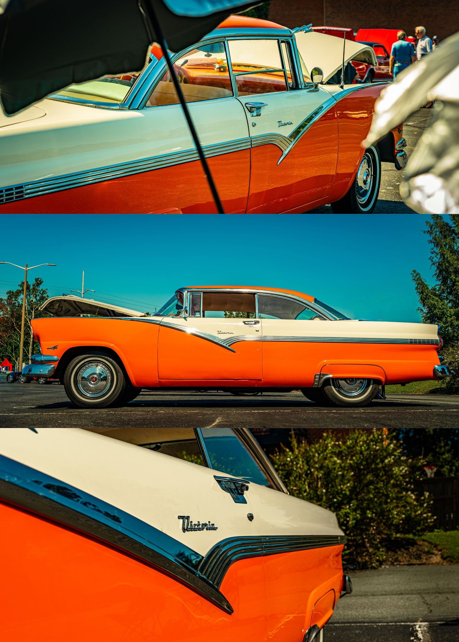 Classic orange and white vintage cars lined up at a car show displaying their sleek 1950s styling and chrome details.