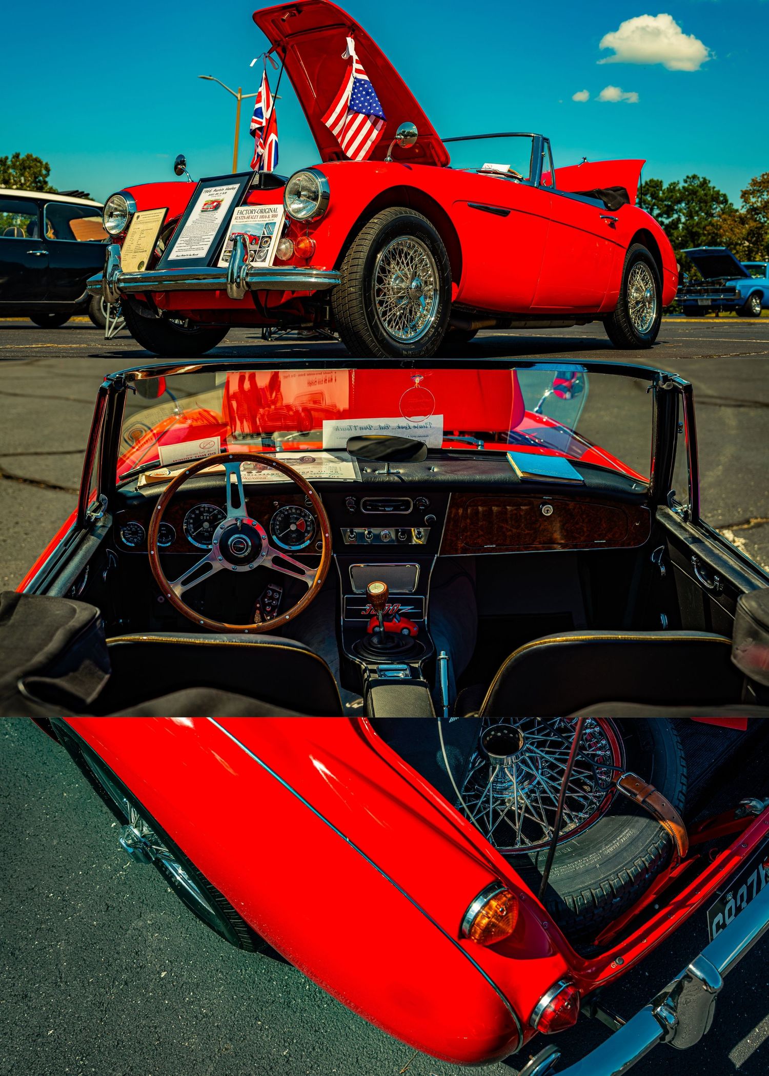 Red vintage convertible sports car photographed from multiple angles in a sunny parking lot setting.