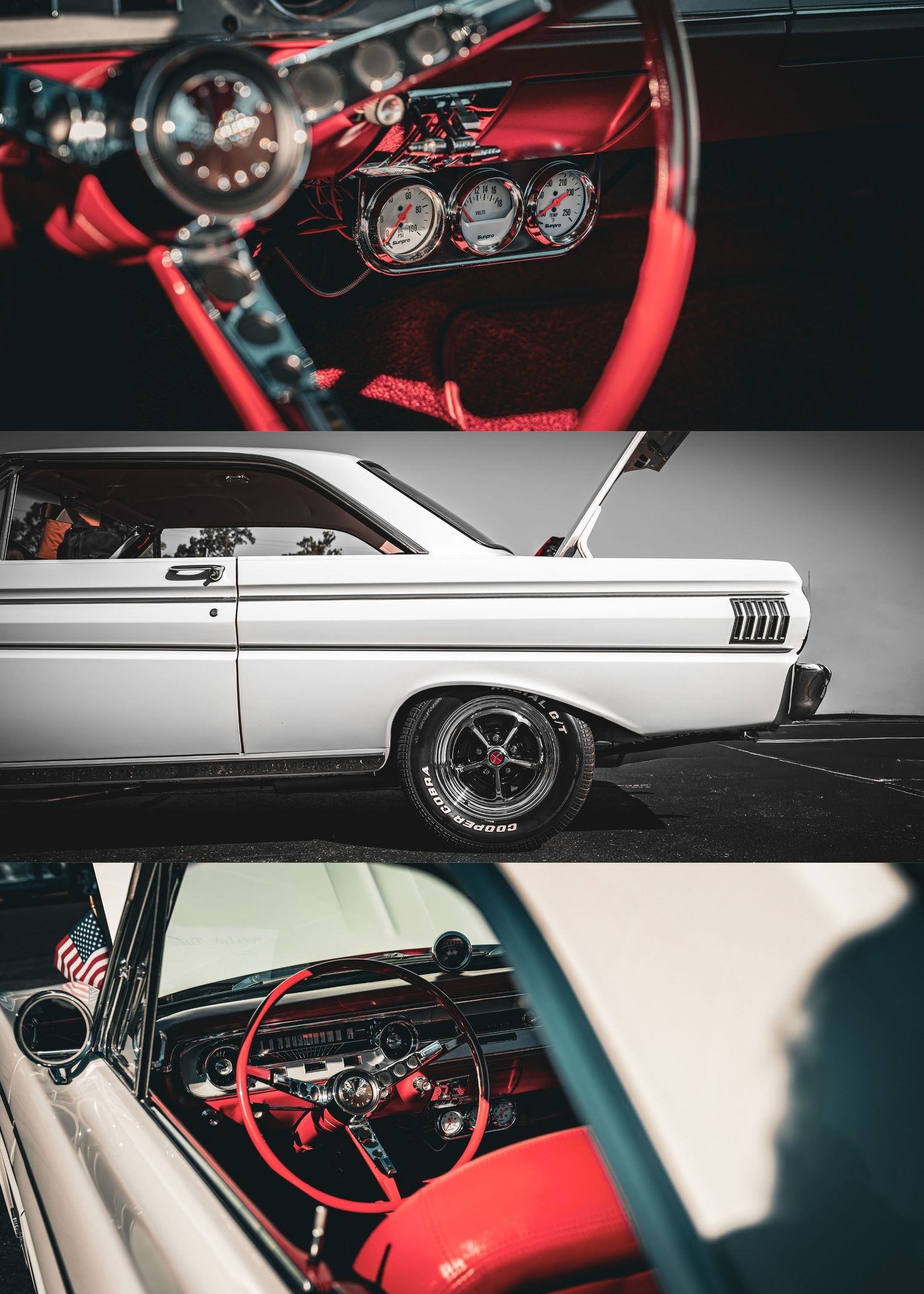 Classic car interior details showing red leather seats and vintage dashboard instrumentation in dramatic lighting.