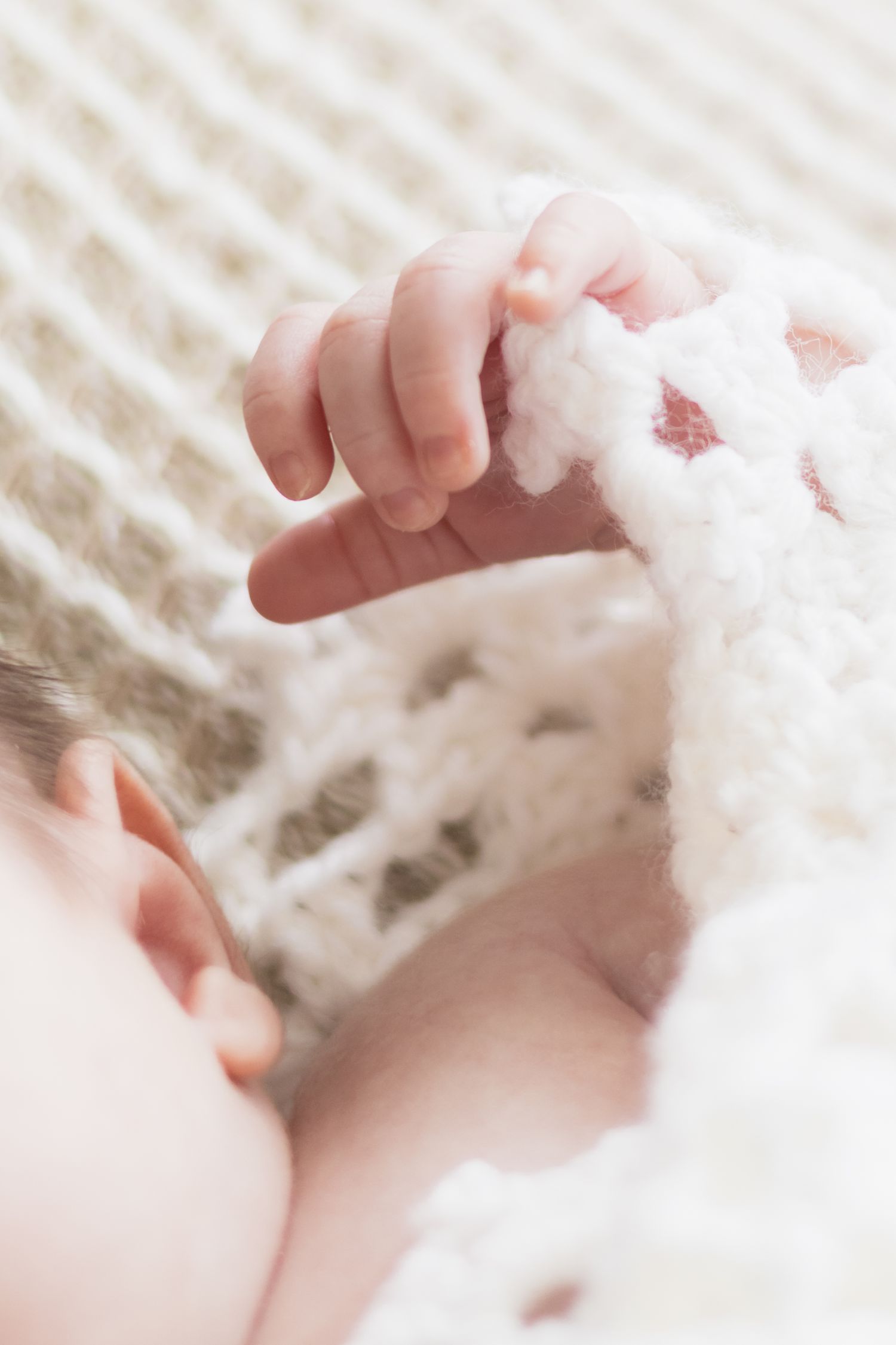 Close up photo of newborn baby's tiny hand and ear
