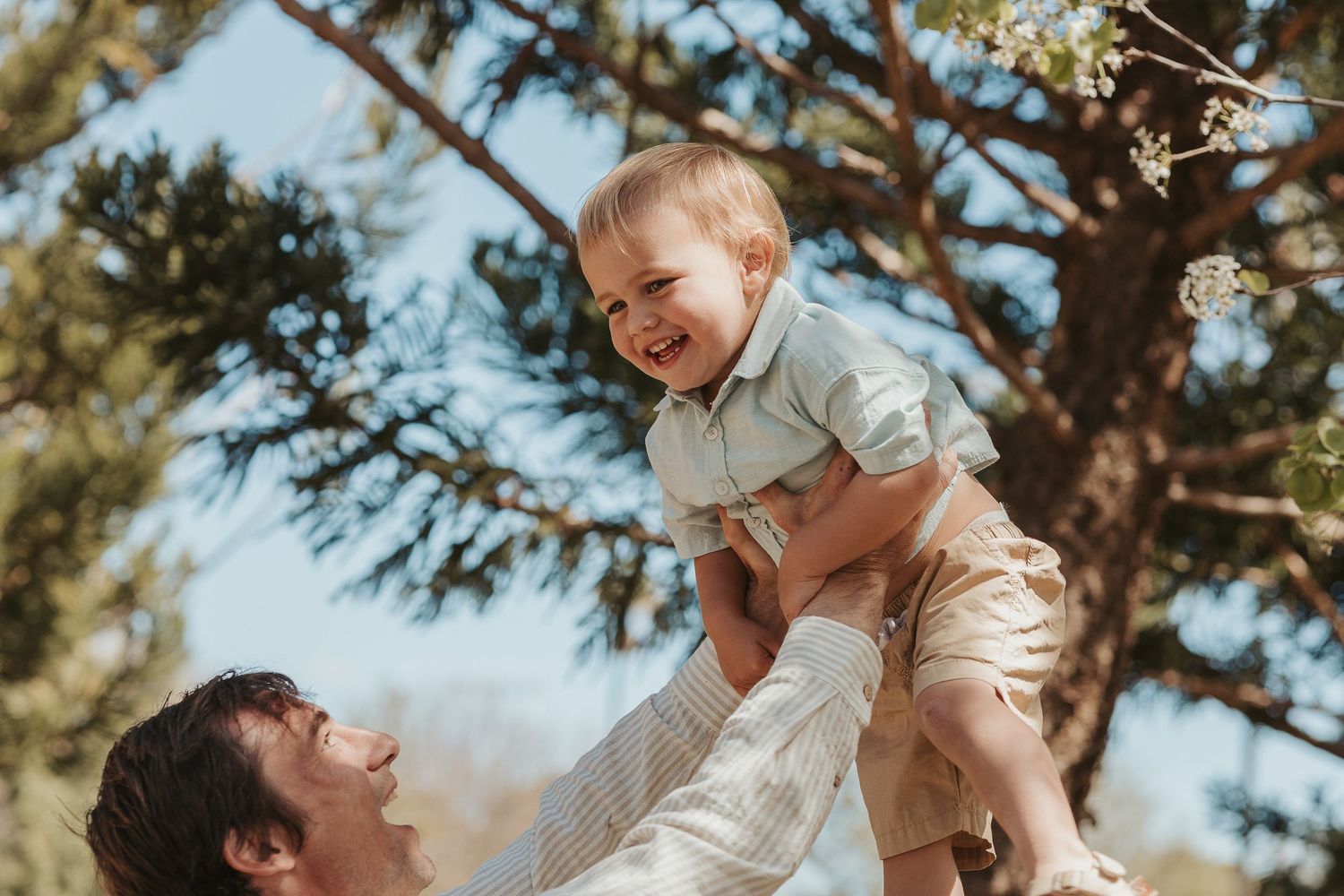 Joyful outdoor family moment under flowering tree branches.