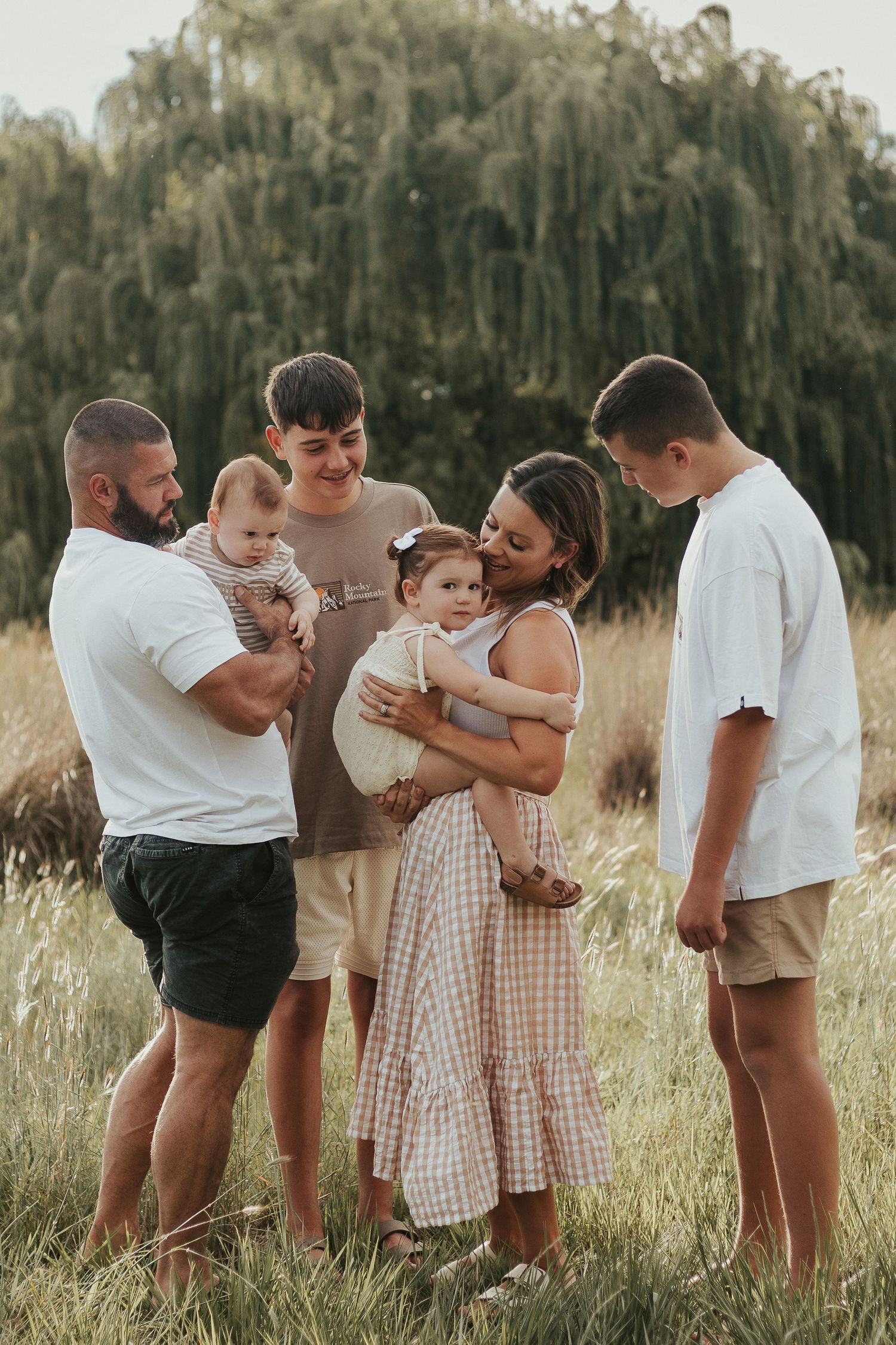 A sweet family photoshoot sequence in a golden field with tall grass and willow trees.