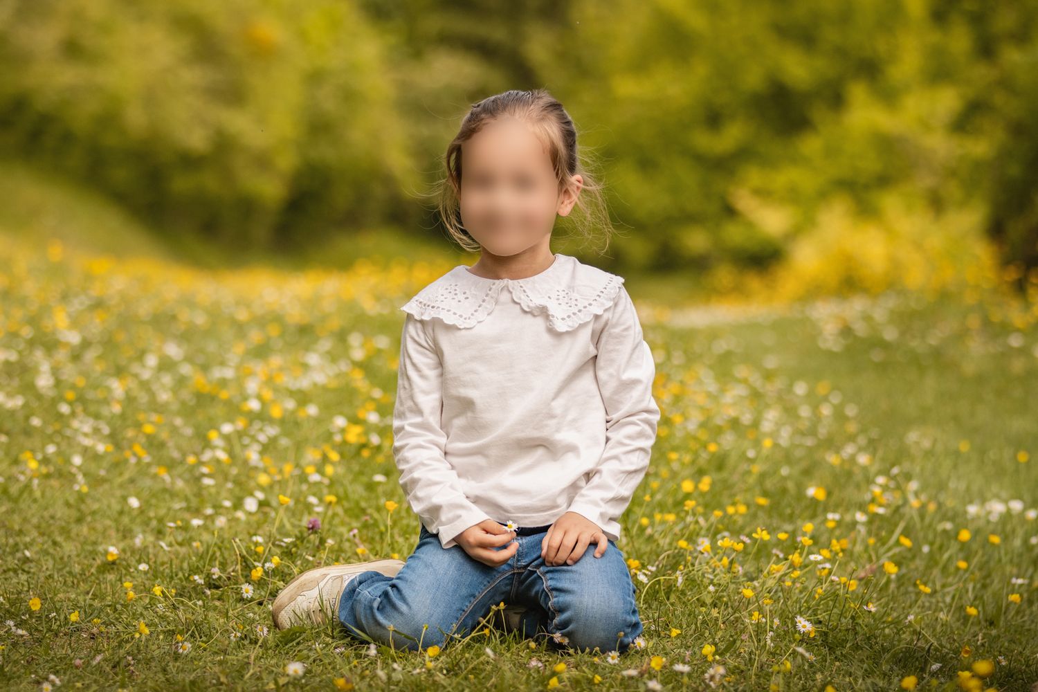 Young girl sitting in a sunny meadow filled with yellow wildflowers, wearing a white blouse and jeans.