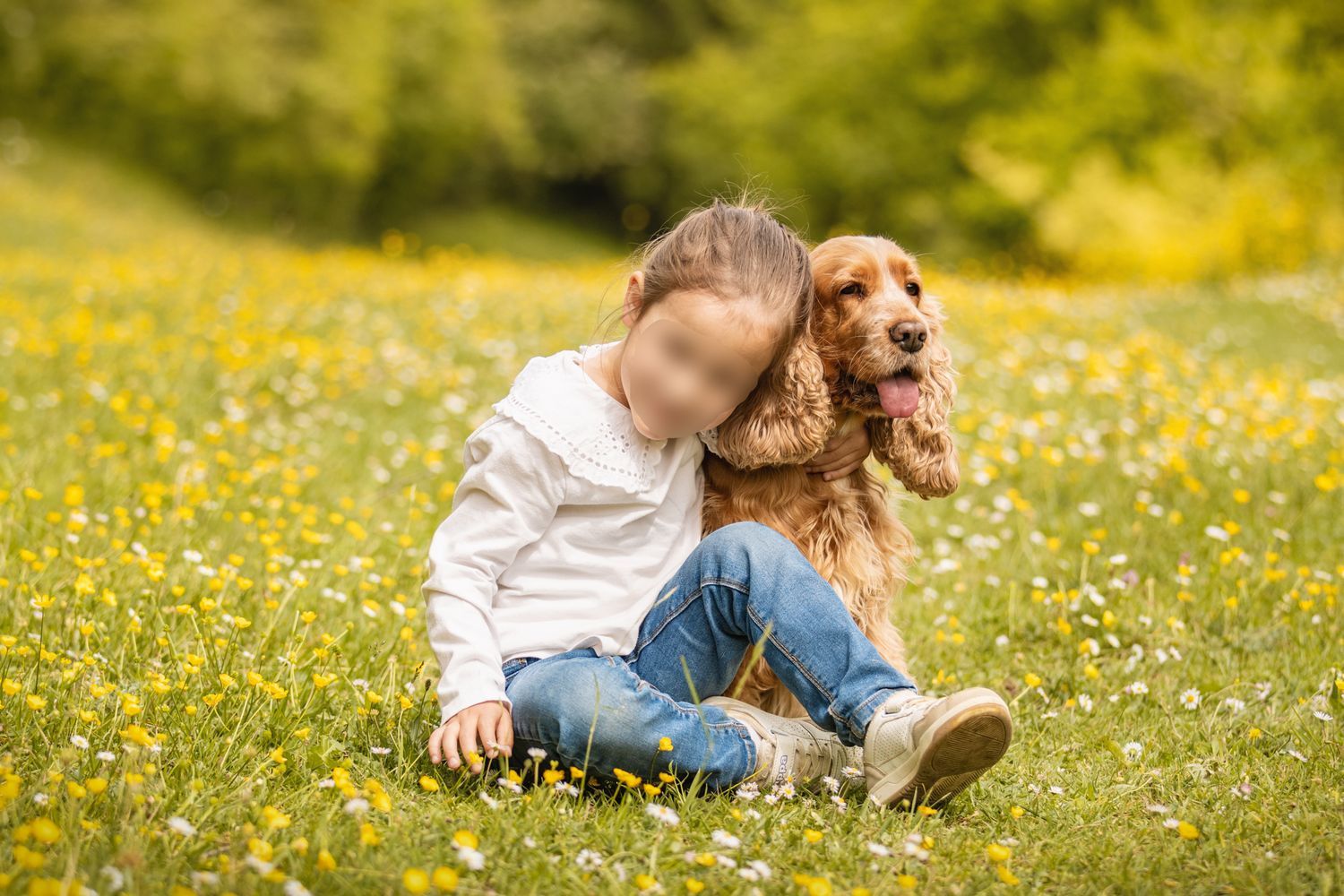 A young child sits in a flower-filled meadow hugging a golden Cocker Spaniel on a sunny day.