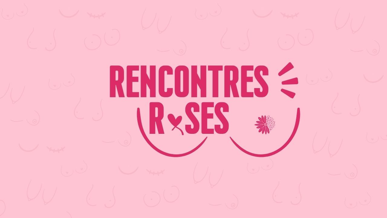 Pink logo for Rencontres Roses featuring bold typography and decorative floral elements on a light pink background.
