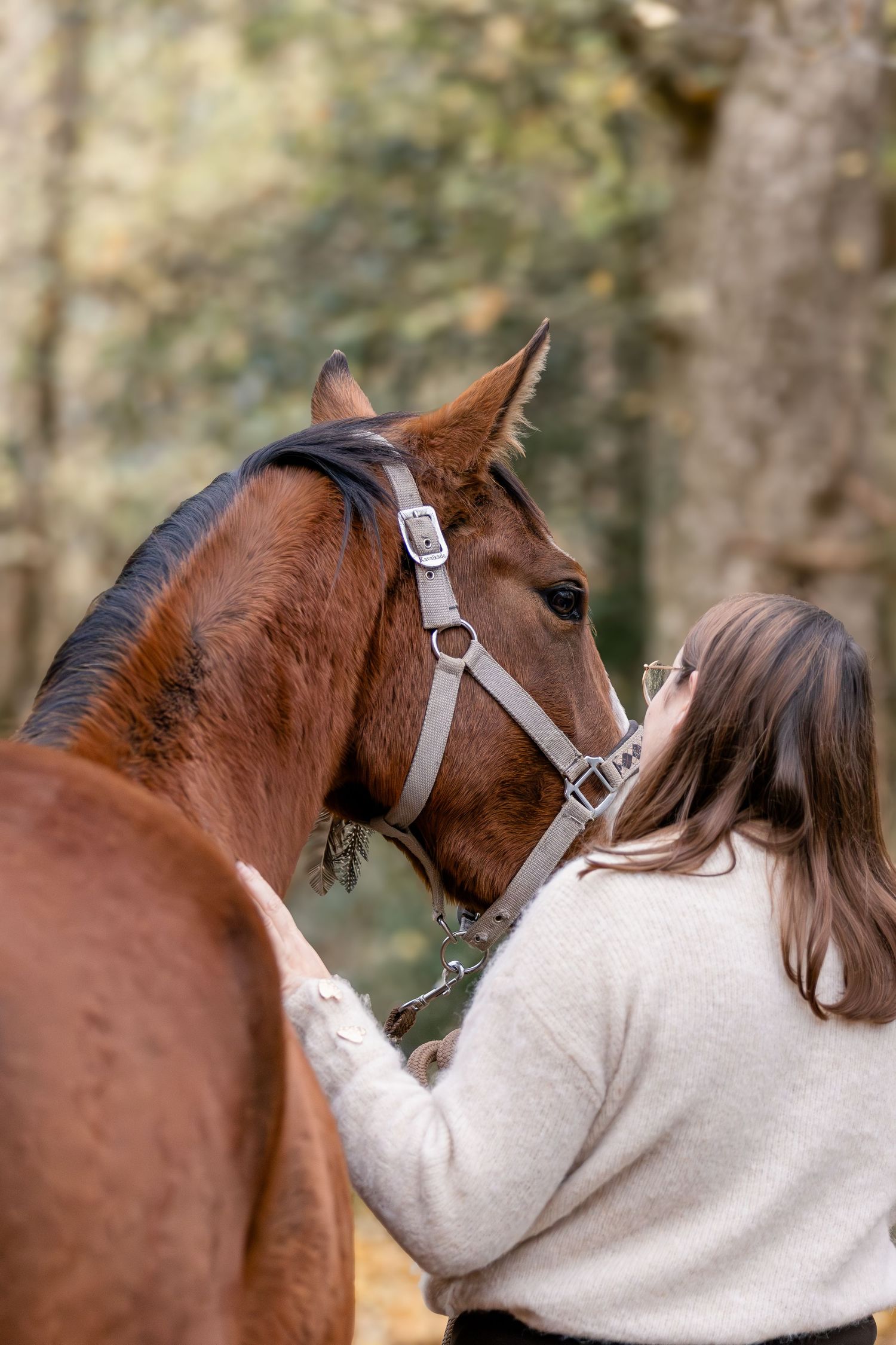 A woman in a white sweater tenderly interacts with a chestnut horse in an autumn forest setting.