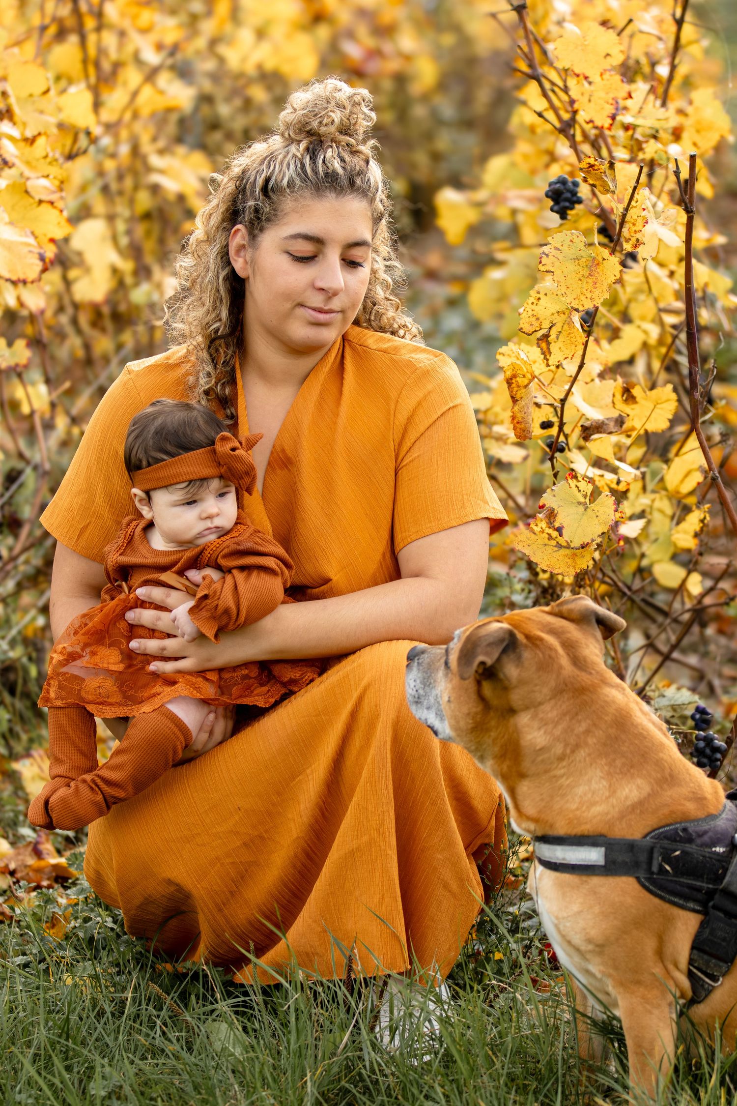 Mother in orange dress holding baby girl with a bulldog beside autumn yellow foliage.