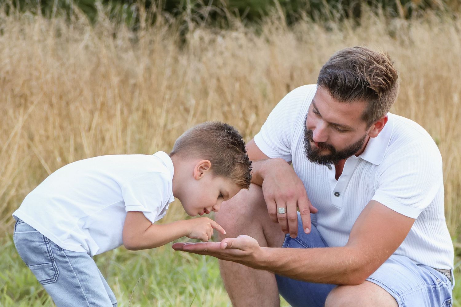 Bearded father crouching in a golden field showing his young son something in his hands.