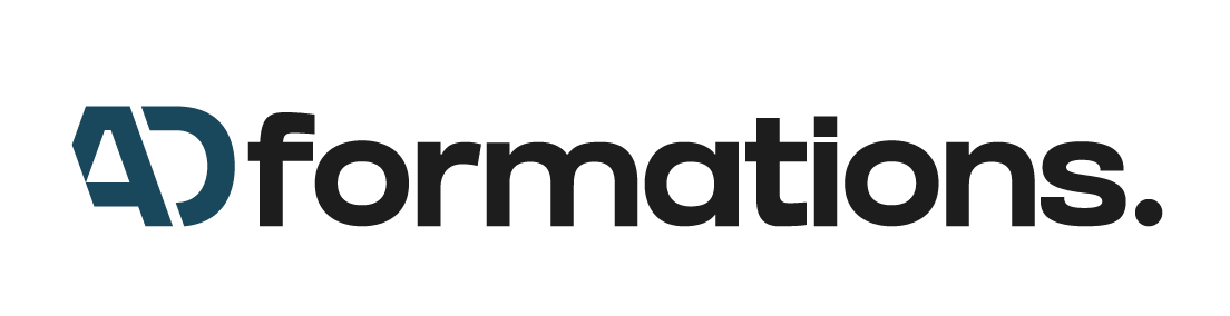 Logo AD Formations — entreprise de formation professionnelle, icône géométrique bleue sur fond blanc.