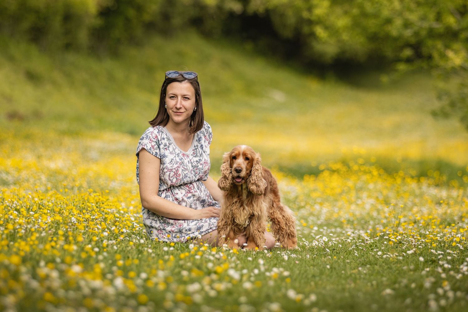 Woman in floral dress sitting with golden Cocker Spaniel in a sunny meadow filled with yellow wildflowers.