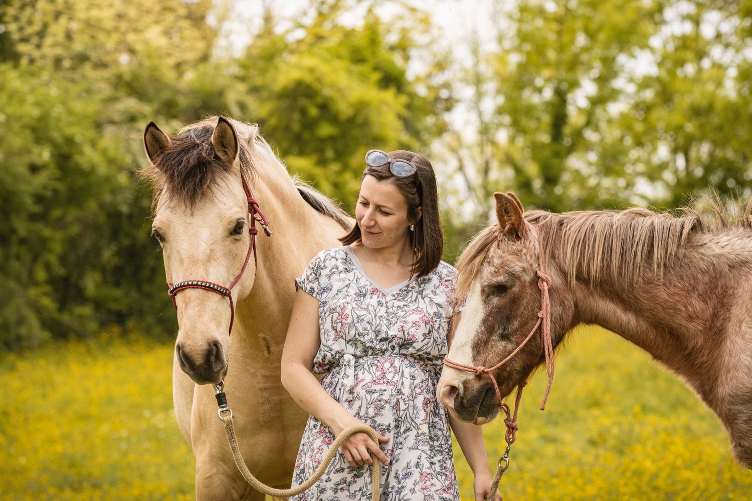 Woman in floral dress standing between two horses in a sunny green field.