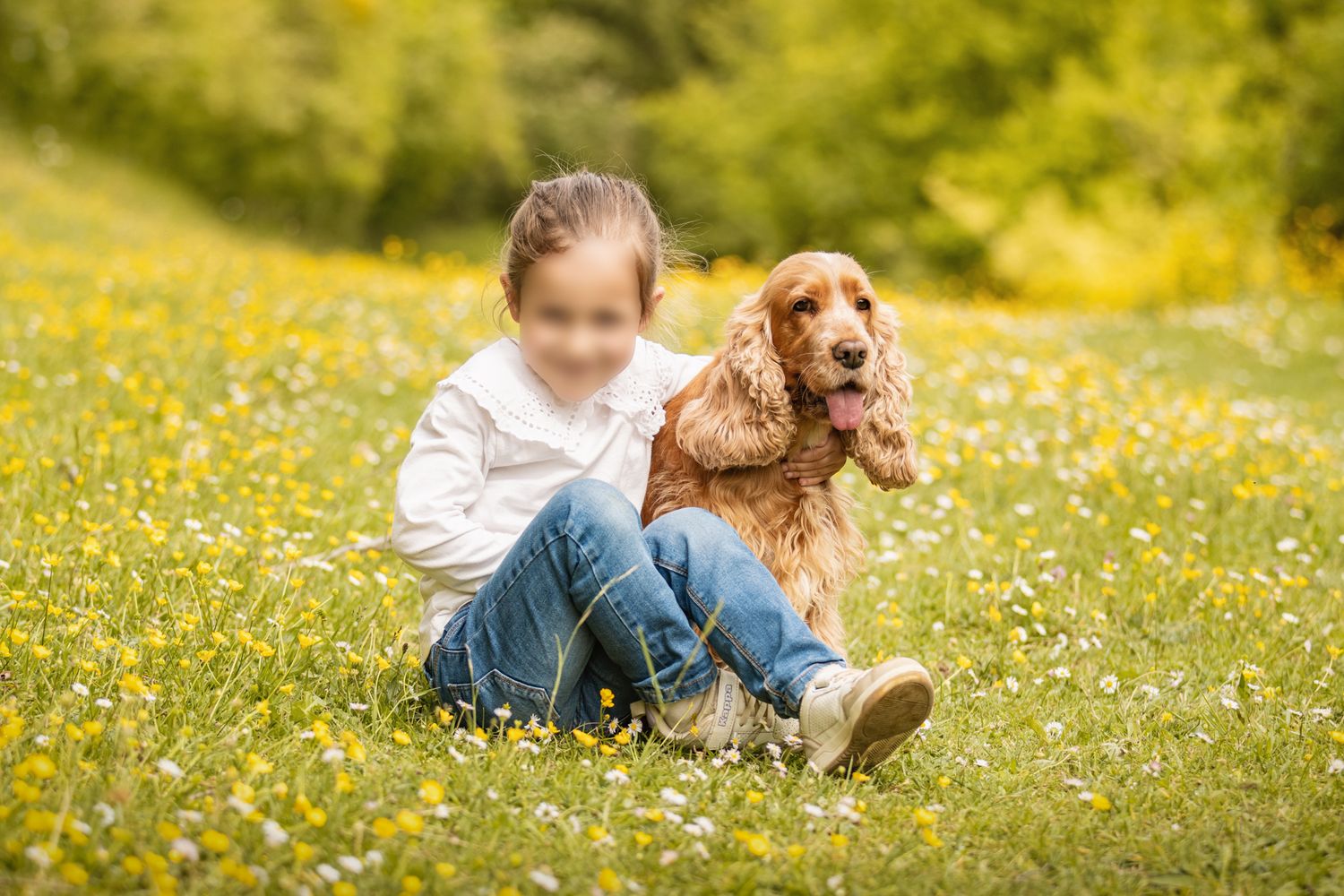 Young girl sitting in a flower meadow hugging a golden Cocker Spaniel dog on a sunny day.