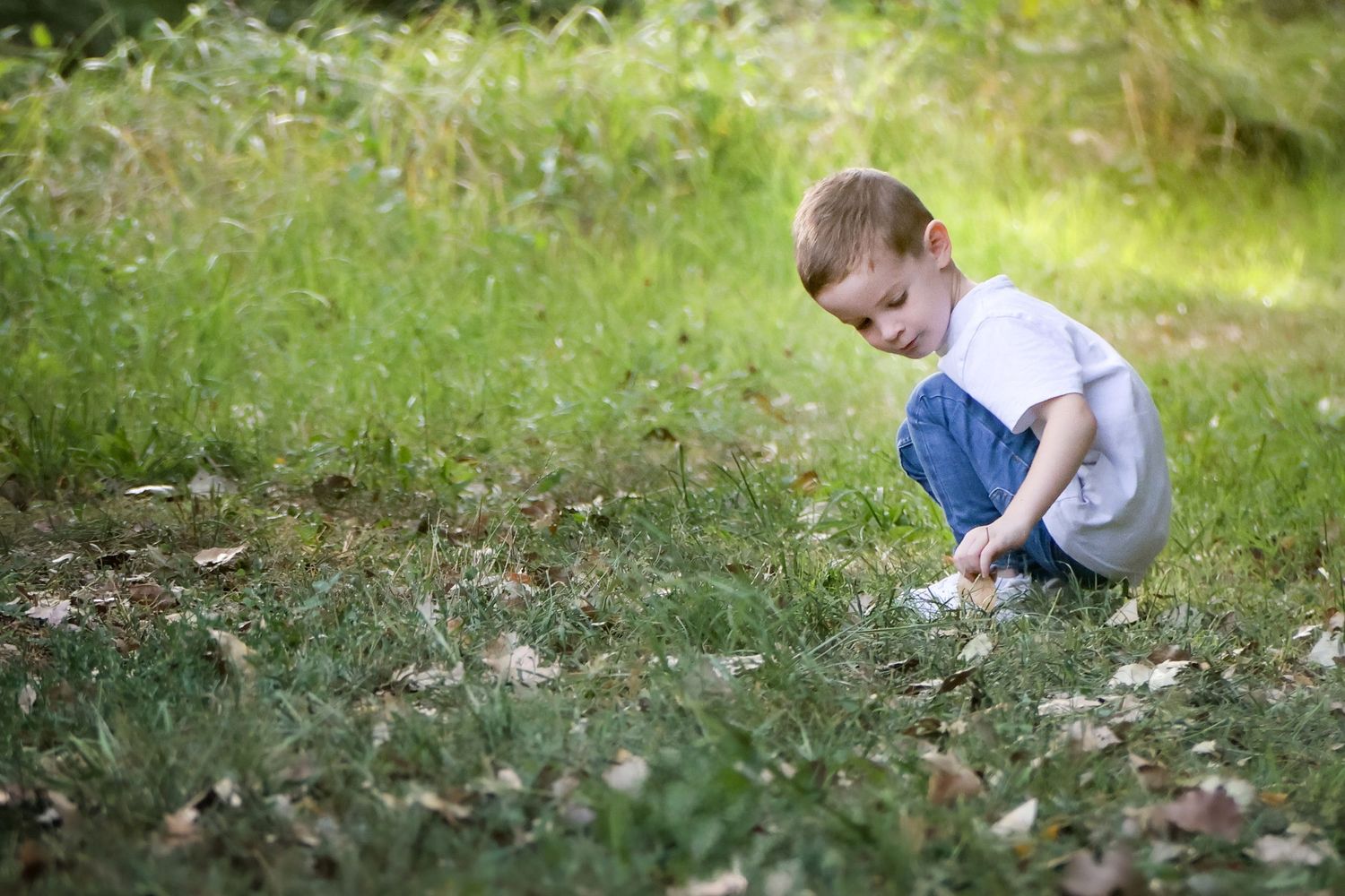 Young boy crouching on grass in a park, looking down at fallen autumn leaves.