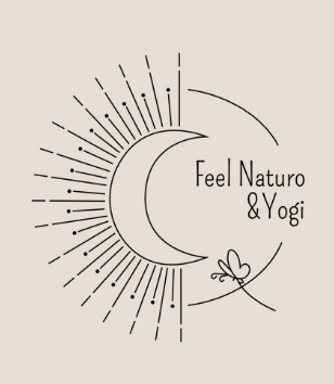 Feel Naturo & Yogi logo featuring a crescent moon with sun rays and a small butterfly on beige background.