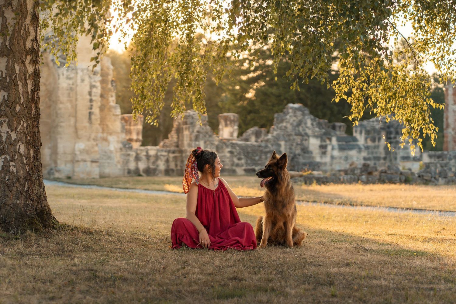 Woman in red dress sits with German Shepherd under birch tree near ancient stone ruins at golden hour.