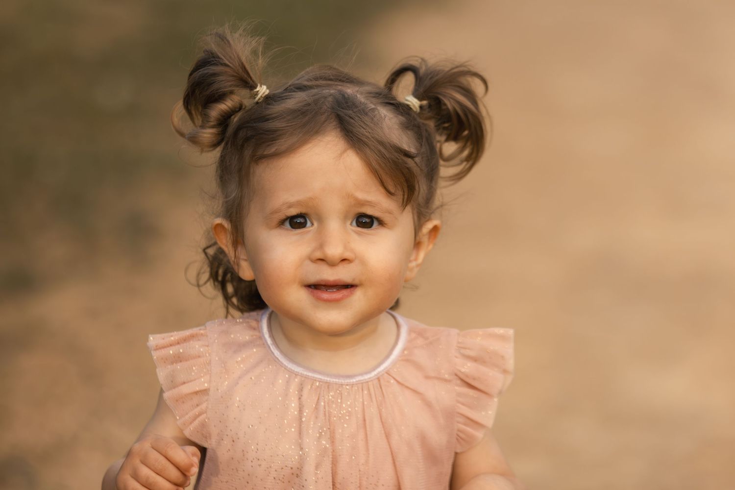 Adorable toddler girl with pigtails wearing a pink ruffled dress smiling outdoors.