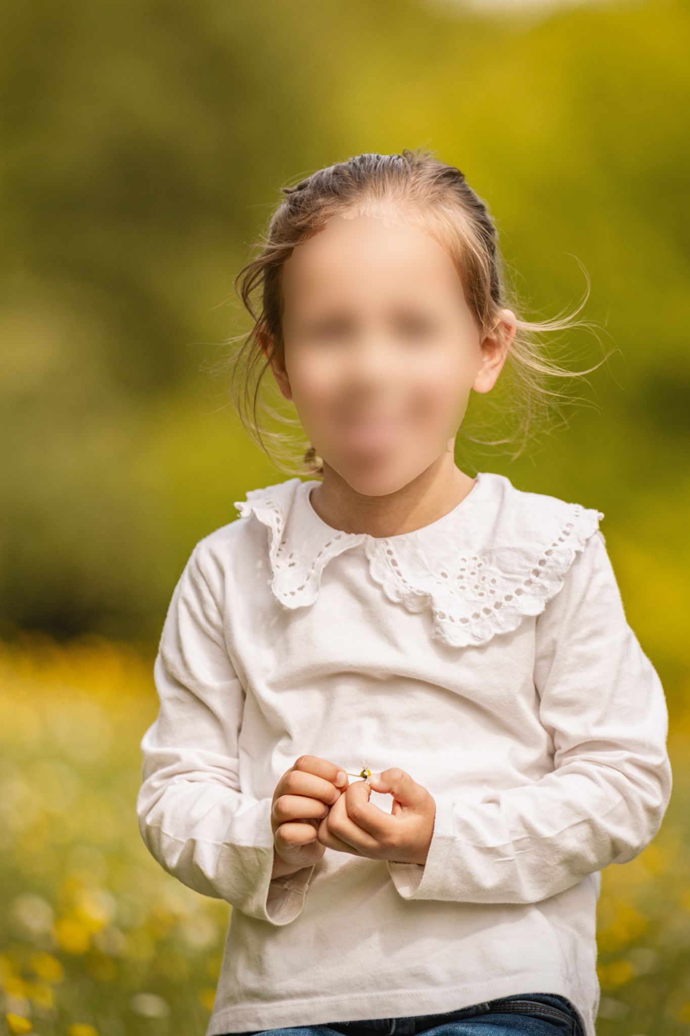 Young girl in white lace collar blouse holding a flower in a sunny green meadow with yellow wildflowers.