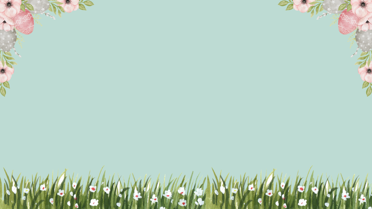 Soft mint green Easter background with watercolor floral decorations and green grass border.
