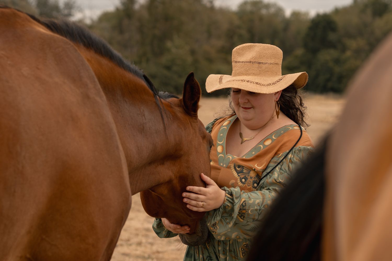 Woman in straw hat and green dress gently petting a brown horse outdoors in a field.