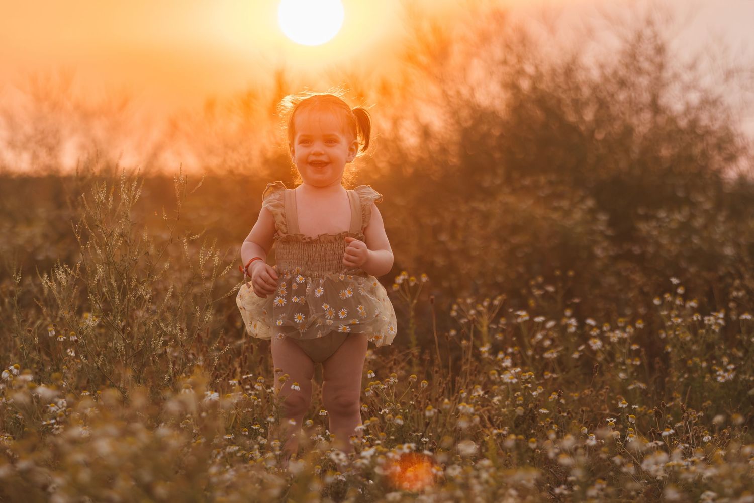 Smiling toddler girl in floral romper standing in wildflower field during golden sunset.