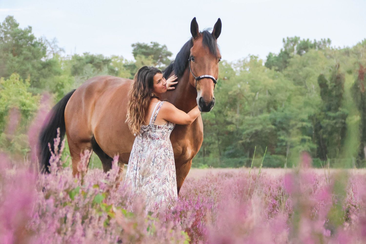 Séance lifestyle — jeune femme en robe fleurie face à son cheval brun dans les bruyères, photographe Aisne Guignicourt.