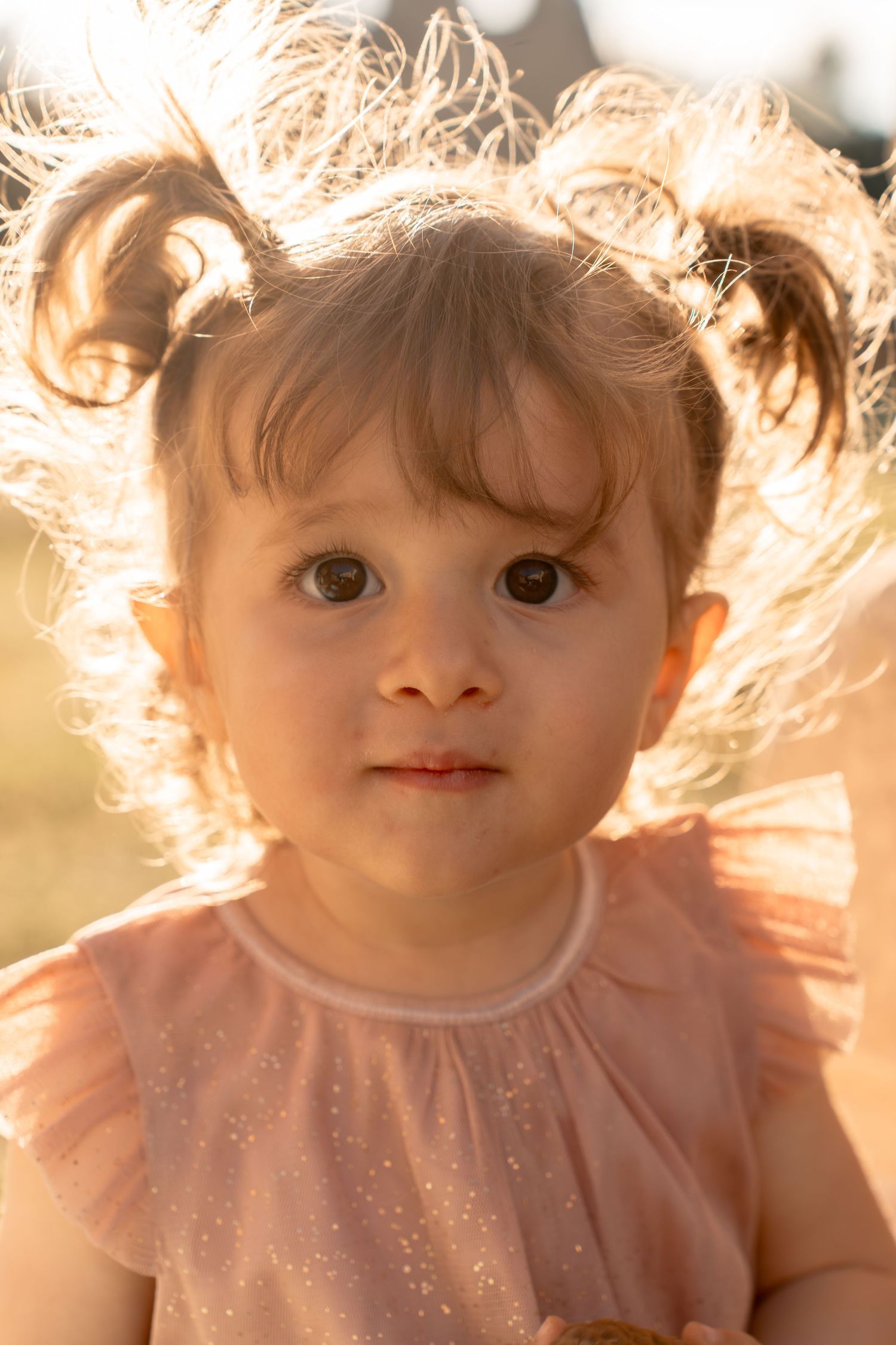 Close-up portrait of a cute toddler girl with pigtails in a pink dress, backlit by golden sunset light.