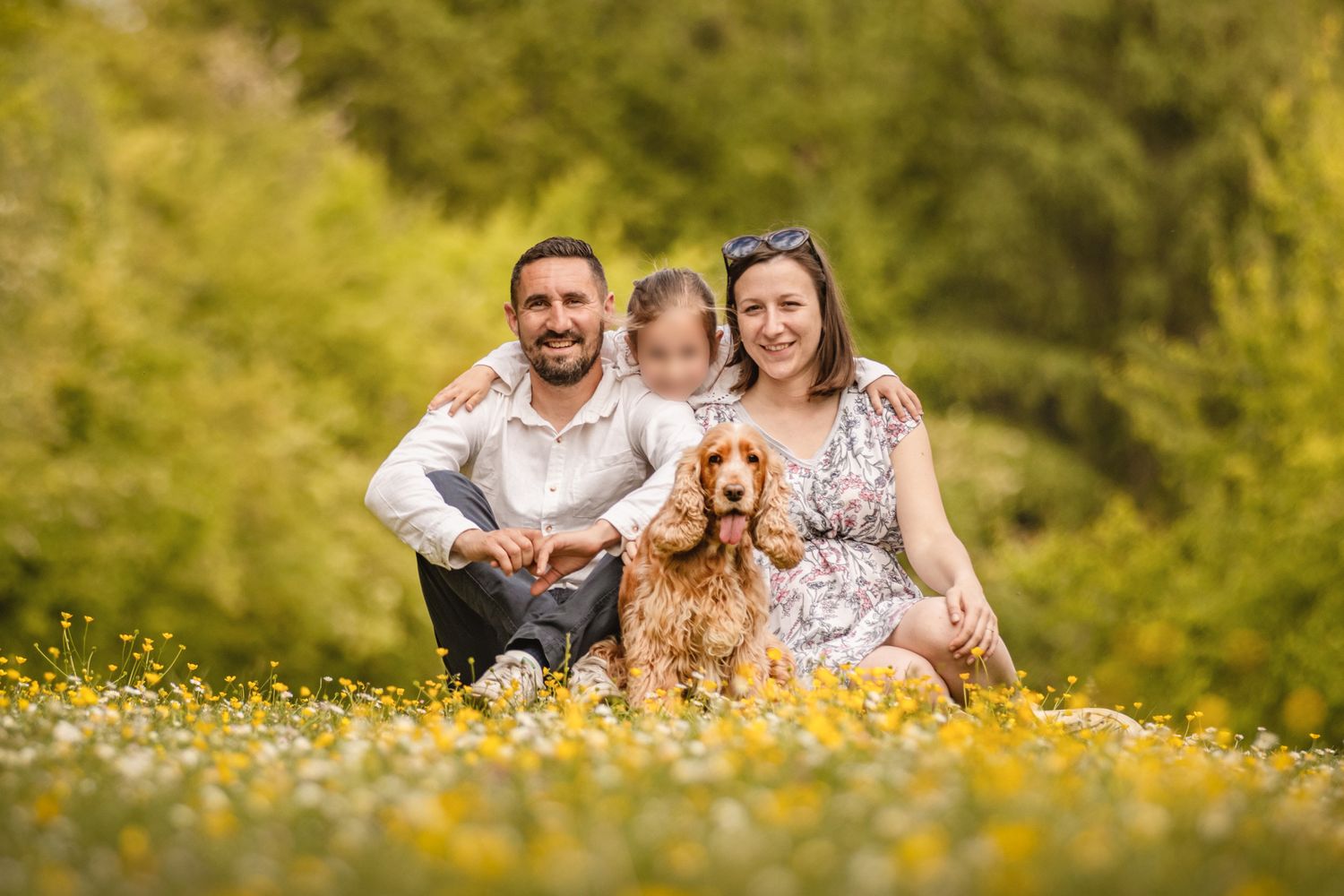 Family with a golden cocker spaniel sitting in a sunny wildflower meadow surrounded by lush green trees.