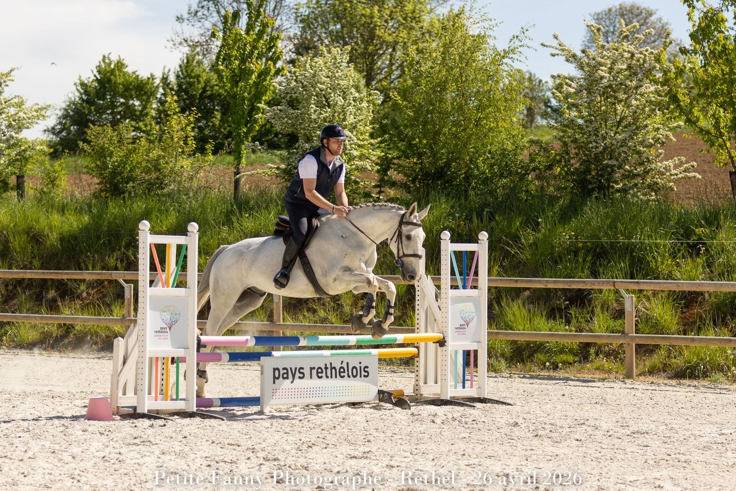 Equestrian rider on white horse jumping over colorful show jump obstacle in outdoor arena with green trees.