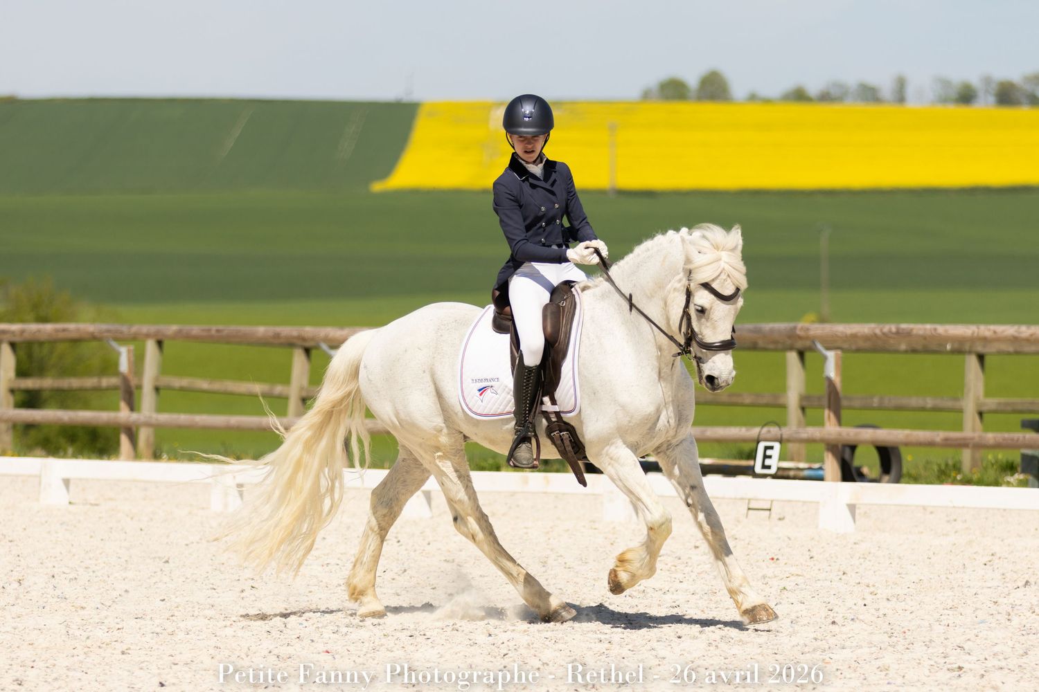 Rider in black attire on a white horse performing dressage in an outdoor arena with green fields behind.