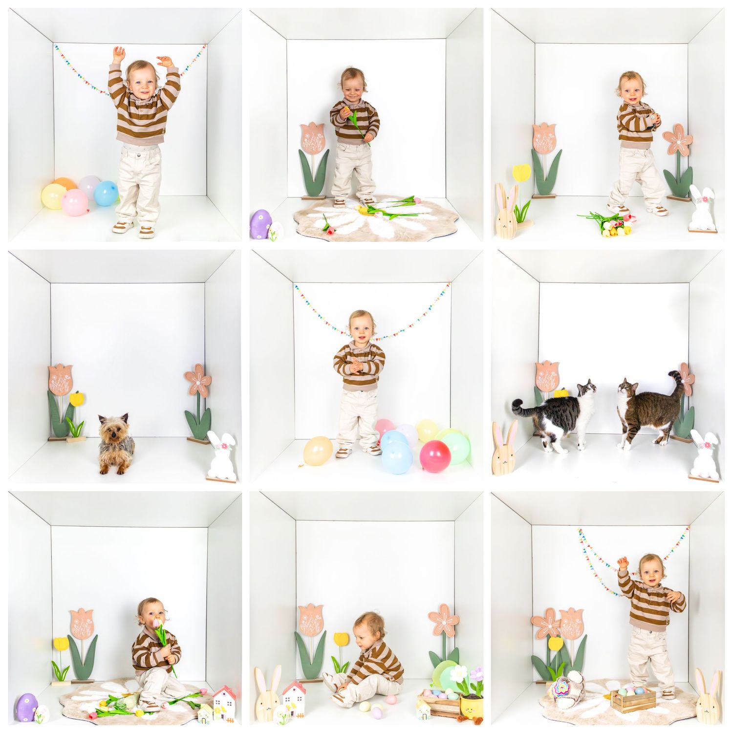 Collage de neuf photos d'un tout-petit dans un décor de Pâques avec une boîte blanche et des décorations colorées..